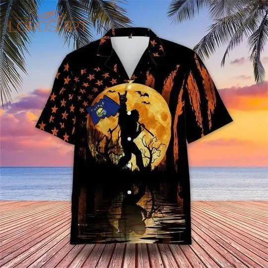 Bigfoot With Montana Flag Halloween Hawaiian Shirt