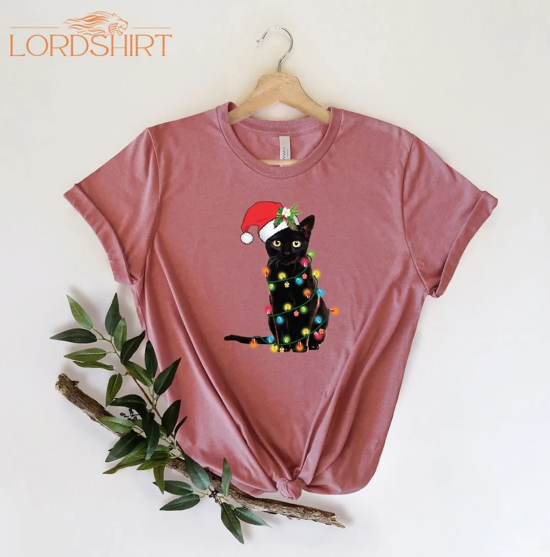 Black Cat Christmas Tree Lights Shirt Christmas Shirt Women