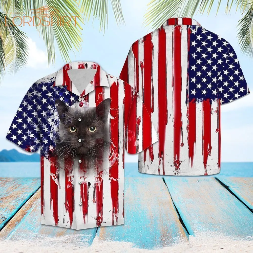 Black Cat Us Flag Pattern Navy Red Amazing Hawaiian Shirt