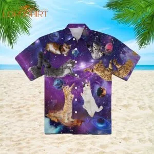 Cat Sits Silhouette Of A Bright Galaxy Hawaiian Shirt