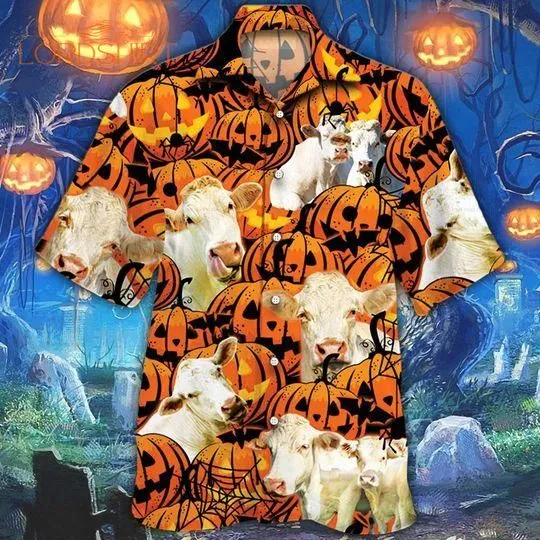 Charolais Cattle Halloween Pumpkin Hawaiian Shirt