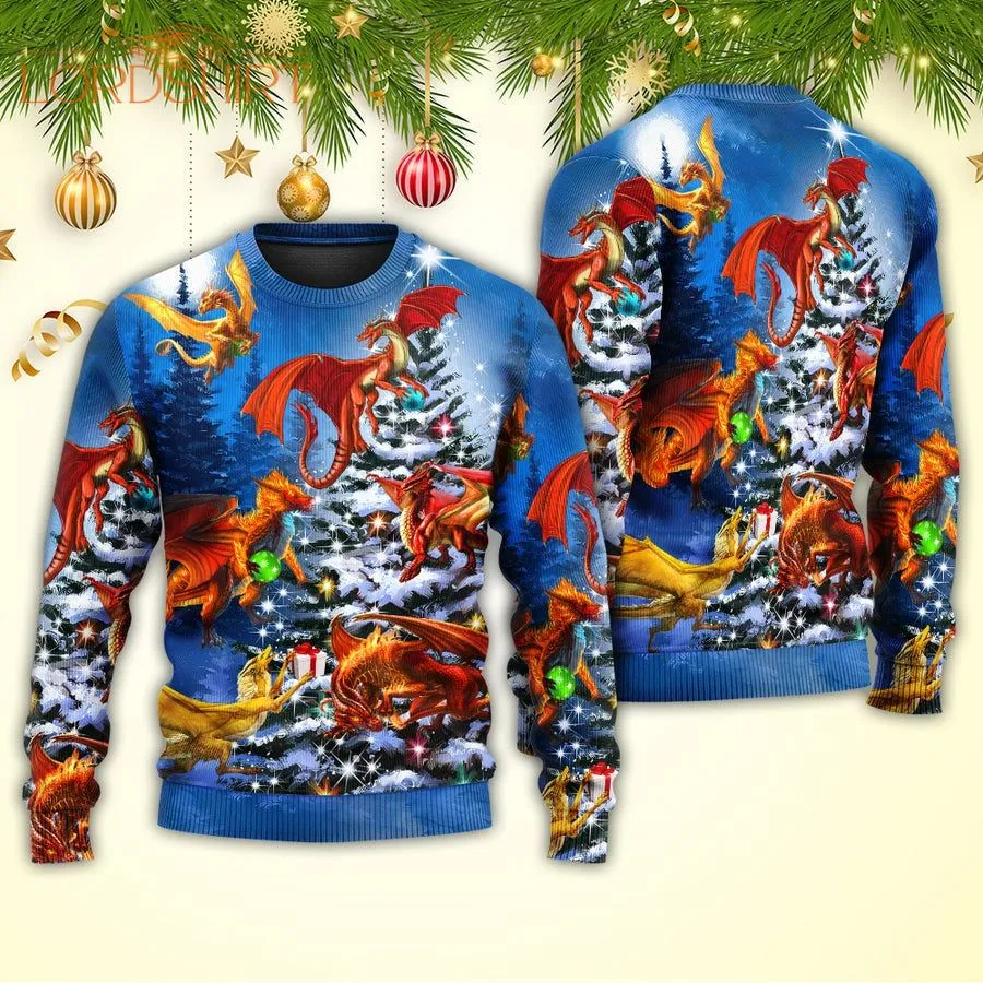 Christmas Dragon Family In Love Light Art Style Ugly Christmas Sweater