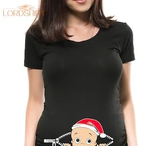 Christmas Maternity T-shirt Pregnancy Shirt Peeking Baby Santa