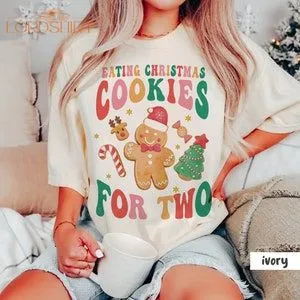 Christmas Pregnancy Announcement Shirt Eating Cookies For Two