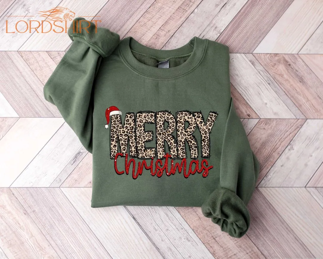 Christmas Shirt Merry Christmas Sweatshirt Leopard Printed