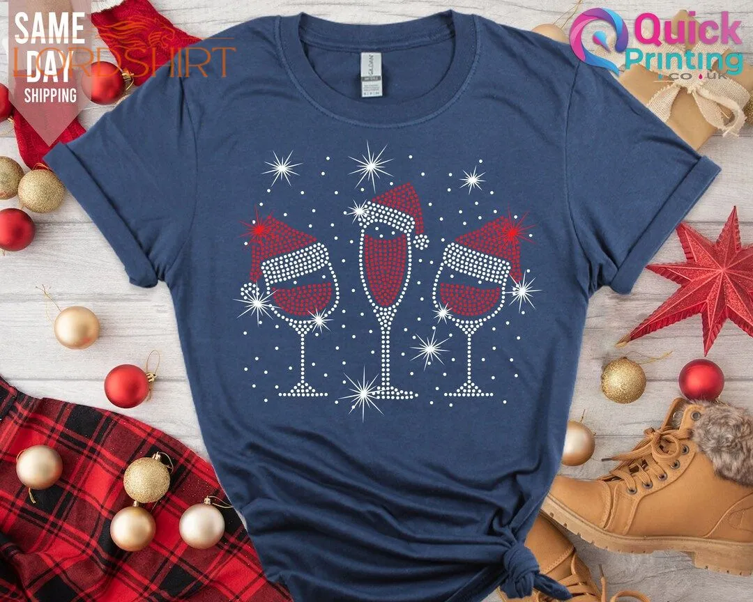 Christmas Sweater Wine Glasses Santa Hat Christmas Tee