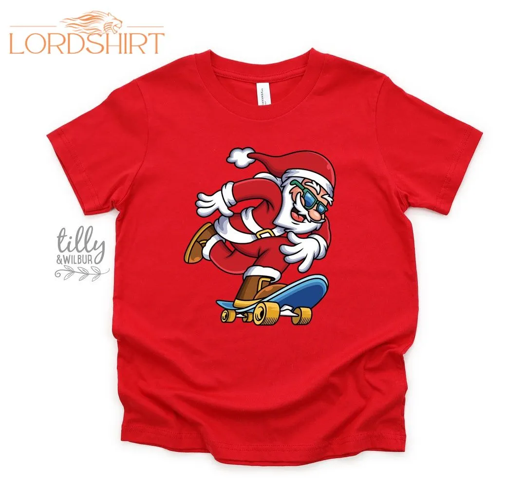 Christmas T-shirt For Boys Skateboard Santa Kids T-shirt