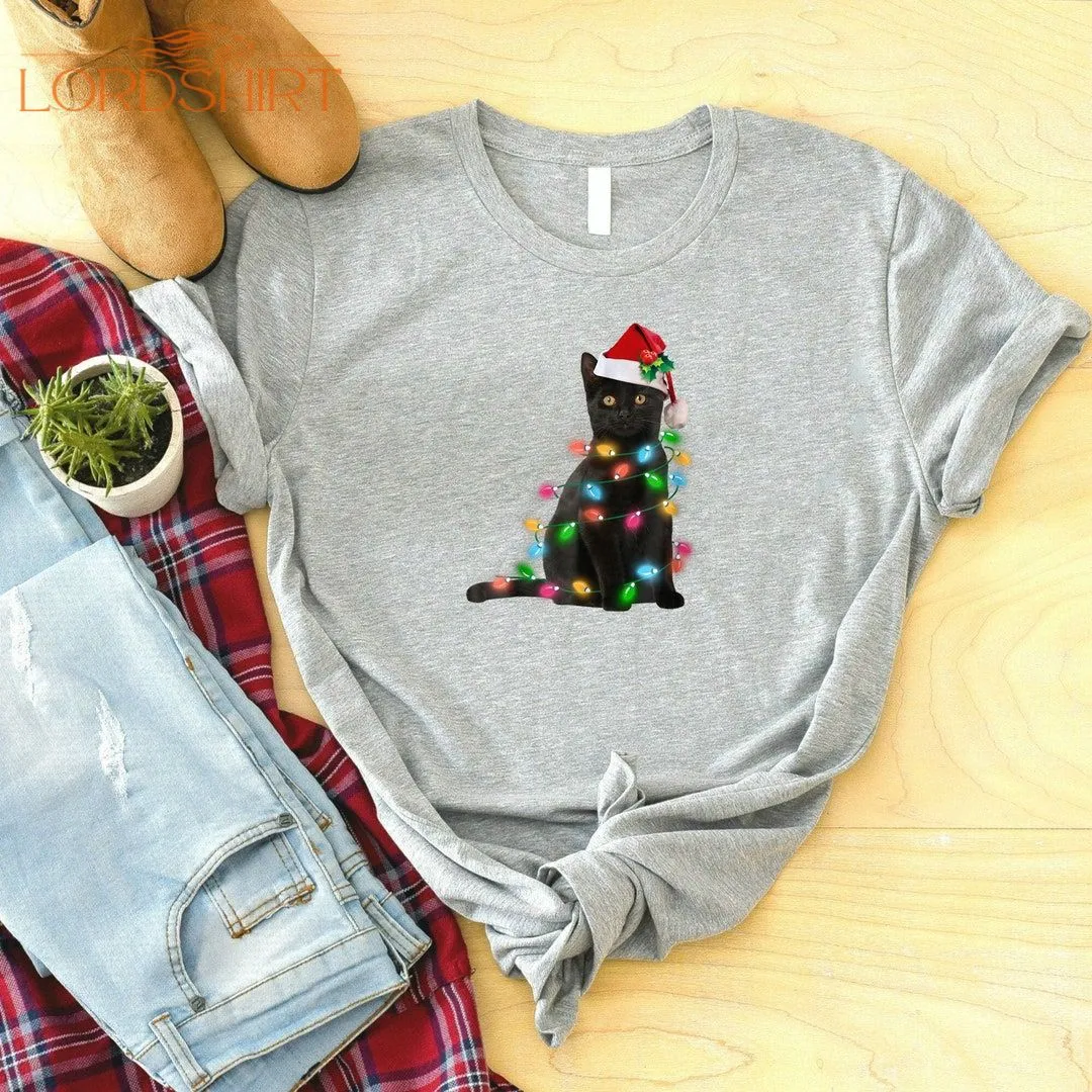 Christmas Tree Lights Black Cat Shirt Women Christmas