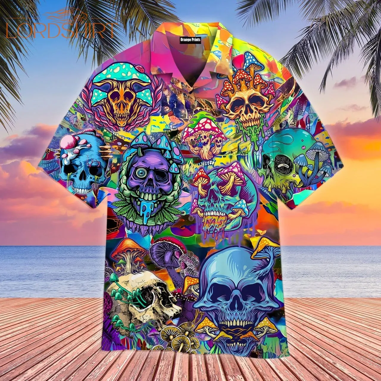 Colorful Happy Hippie Mushroom Skull Aloha Hawaiian Shirt