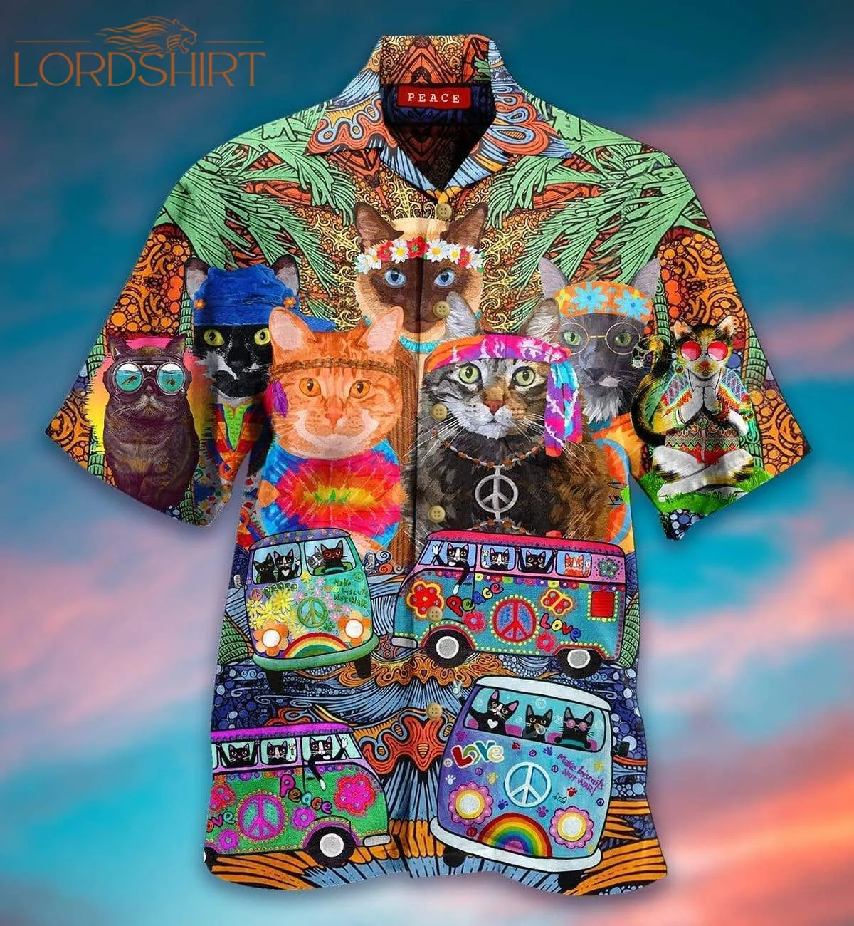 Colorful Hippie Van And Cat Unisex Hawaiian Shirt