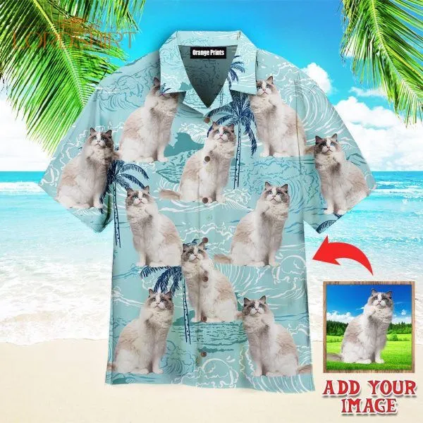 Cute Blue Bicolor Ragdoll On Big Wave Tropical Custom Photo Hawaiian Shirt