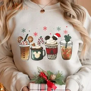 Cute Disney Mickey Minnie Christmas Coffee T-shirt Christmas