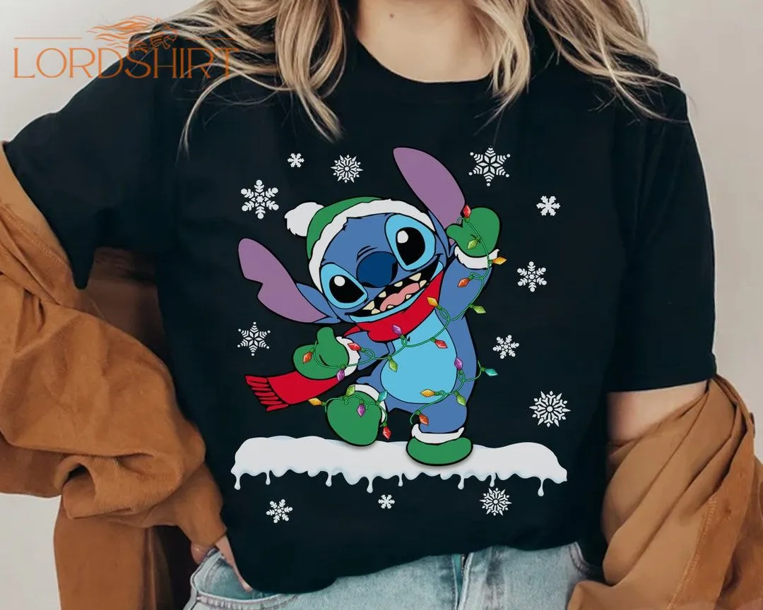 Disney Cute Santa Stitch Christmas Light T-shirt Funny Lilo 