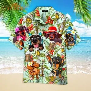 Dogs Dachsund Drinking Beer Aloha Hawaiian Shirt