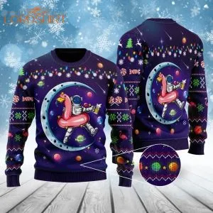 Funny Astronauts Sit On Flamingo Ugly Christmas Sweater