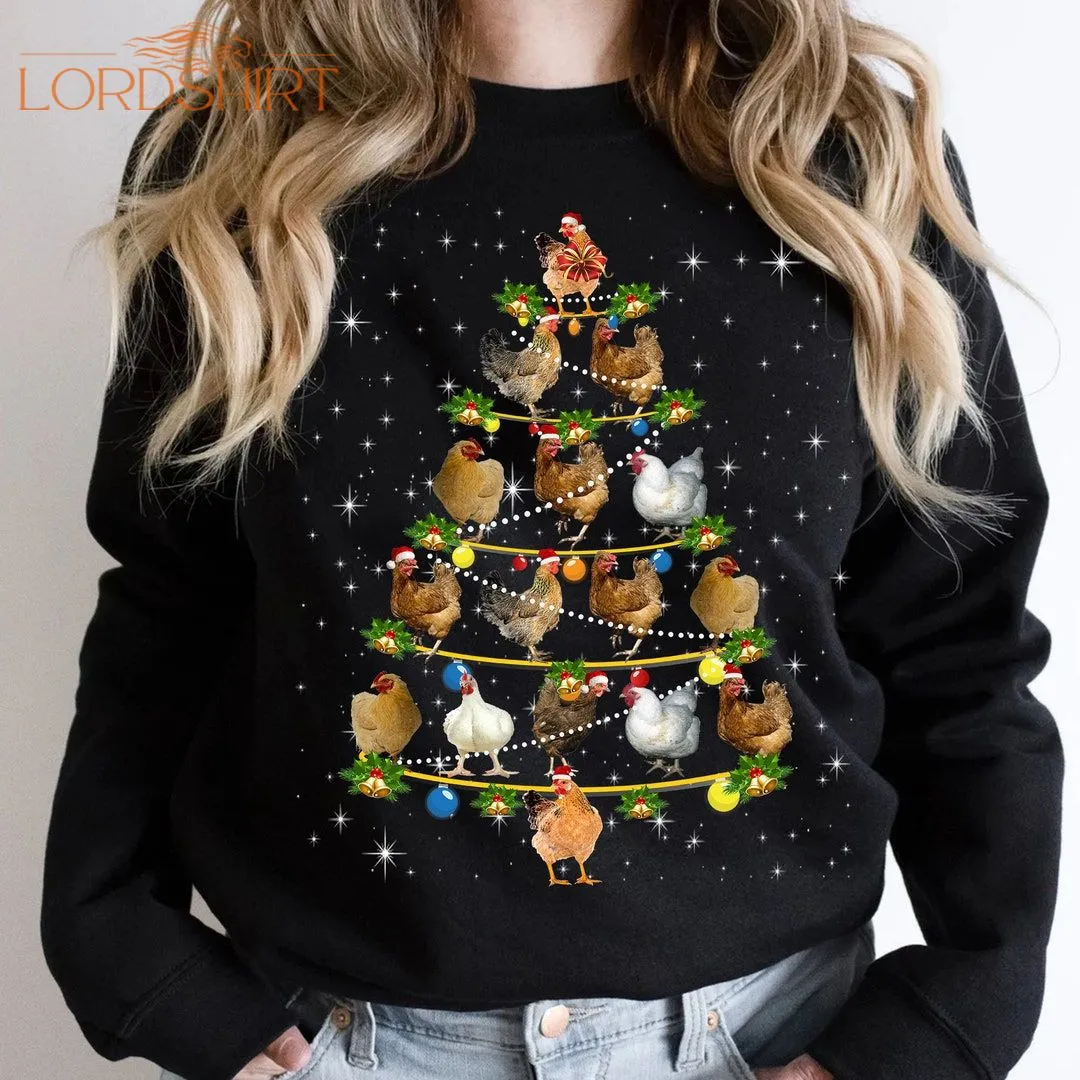 Funny Chickens Christmas Tree Lights Farmer T-shirt Christmas