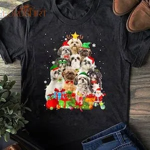 Funny Shih Tzu Christmas Tree Lights Puppy Dog Lover T-shirt