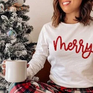 Glitter Merry Shirt Womens Christmas Shirt Long Sleeve