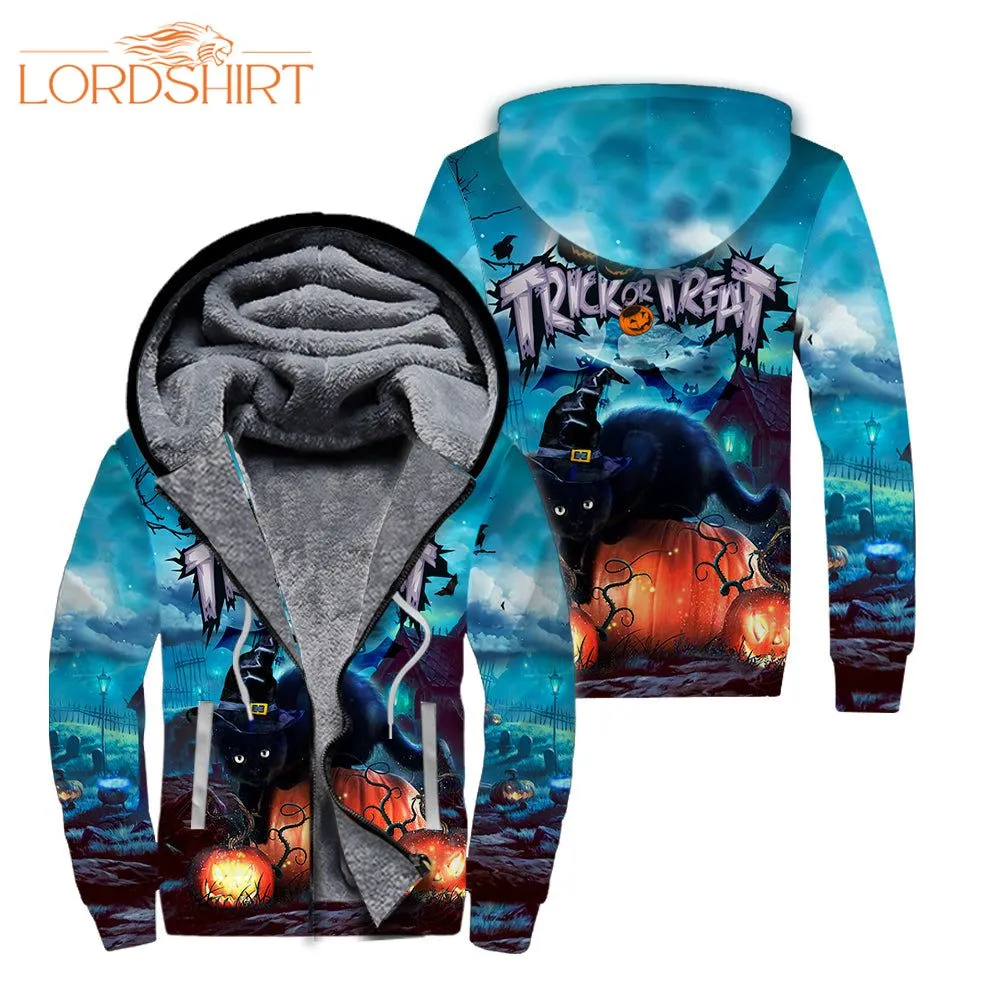 Halloween Black Cat Fleece Zip Hoodie All Over Print