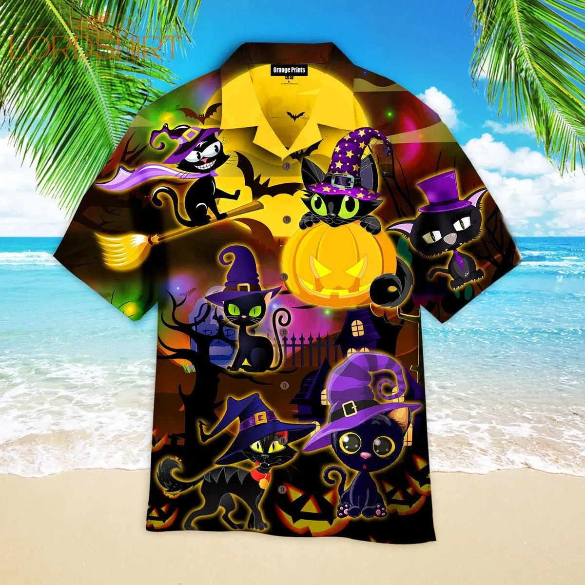 Halloween Black Cat Witch Purple Light And Moon At Night Hawaiian Shirt