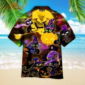 Halloween Black Cat Witch Purple Light And Moon At Night Hawaiian Shirt