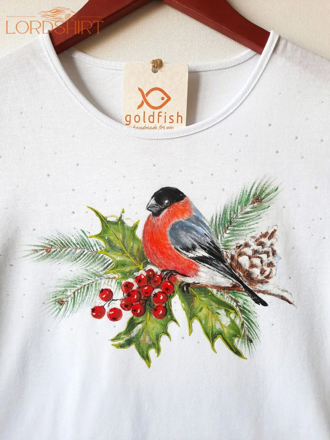 Hand-painted Christmas T-shirt. Bullfinch Bird And Pinecone