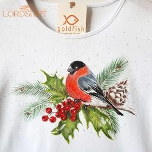 Hand-painted Christmas T-shirt. Bullfinch Bird And Pinecone