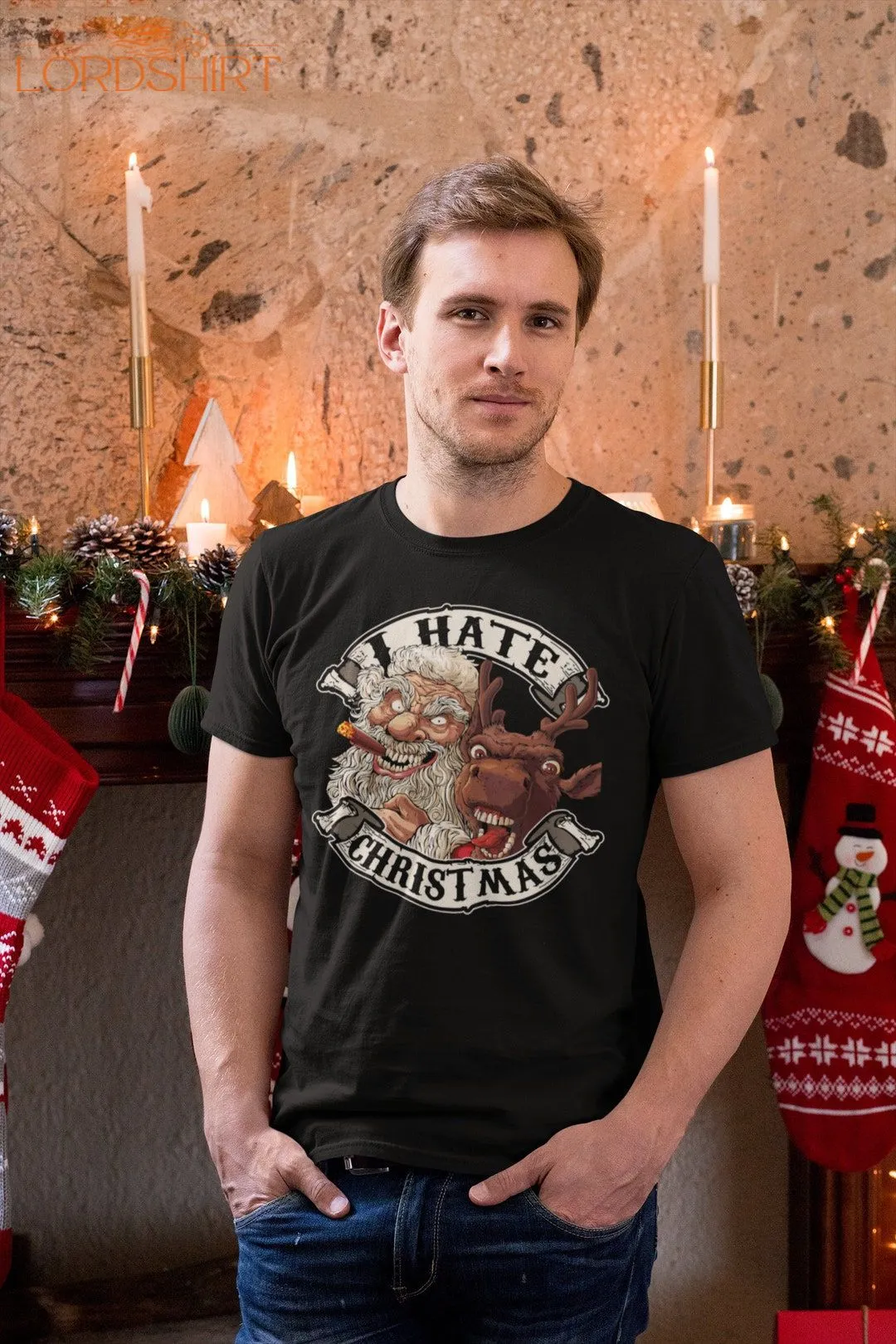 I Hate Christmas Santa Claus And Reindeer Crew Neck T-shirt.