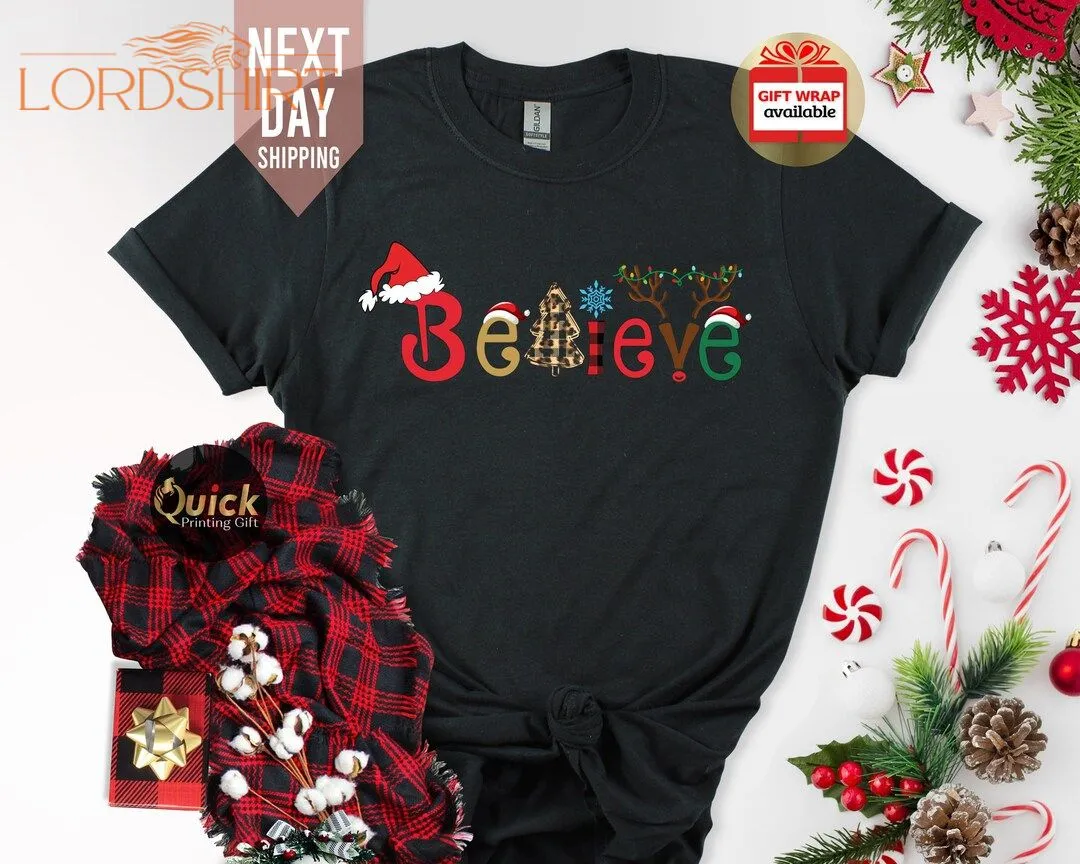 Ladies Christmas Believe Tshirt Merry Christmas Shirts UK