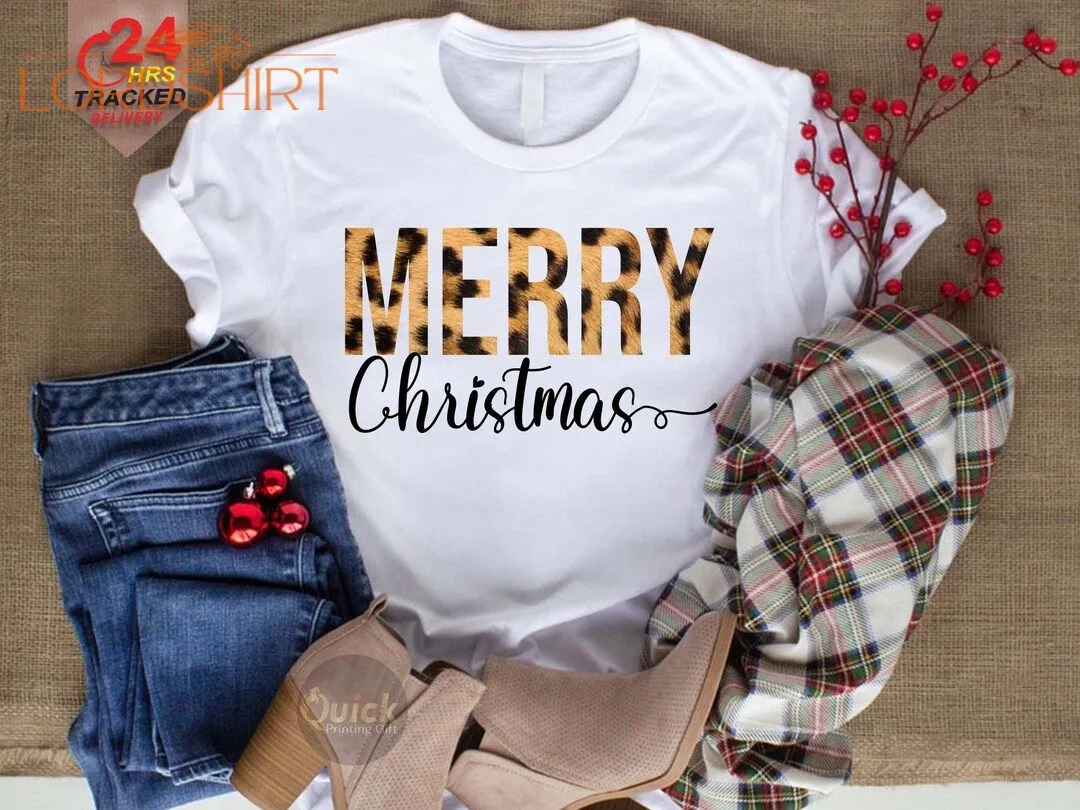 Leopard Christmas Tshirt Laides Merry Christmas Shirt For