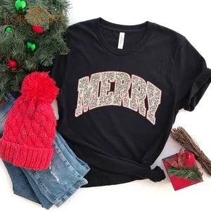 Leopard Print Merry Christmas T-shirt Christmas Gift New