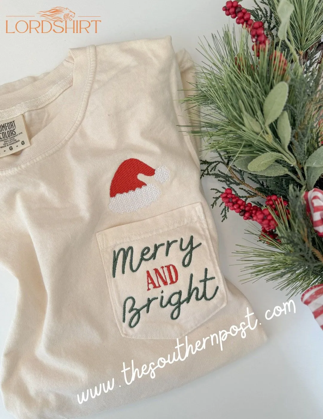 Merry  Bright Santa Hat Pocket Tee Embroidered Design