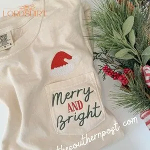 Merry  Bright Santa Hat Pocket Tee Embroidered Design