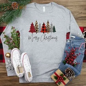 Merry Christmas Long Sleeves Shirt Plaid Leopard Cheetah