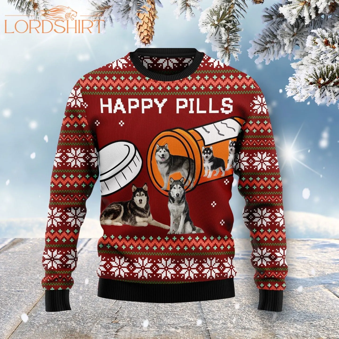 Merry Christmas Siberian Husky Dog Happy Pills Ugly Christmas Sweater