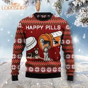 Merry Christmas Siberian Husky Dog Happy Pills Ugly Christmas Sweater