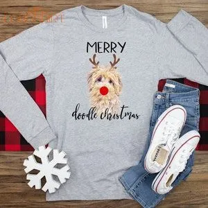 Merry Doodle Christmas Long Sleeve T-shirt Golden Doodle