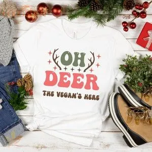 Oh Deer The Vegan's Here Vegan Christmas Tshirt Vegan