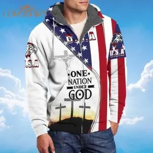 One Nation Under God Patriotic American Flag Fleece Zip Hoodie All Over Print
