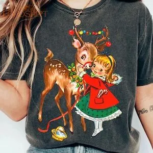 Retro Christmas Girl And Reindeer Shirt Vintage 1950'S