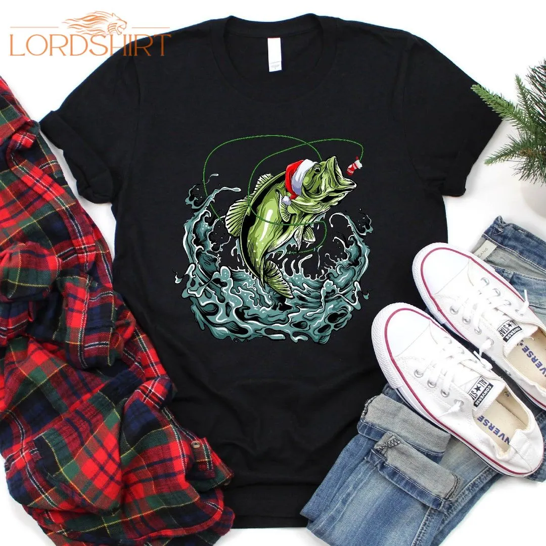 Santa Hat Bass Fish Christmas T-shirt For Men Women Kids