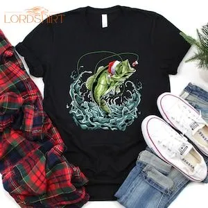 Santa Hat Bass Fish Christmas T-shirt For Men Women Kids