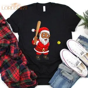 Santa Playing Softball Christmas T-shirt For Men Women Kids