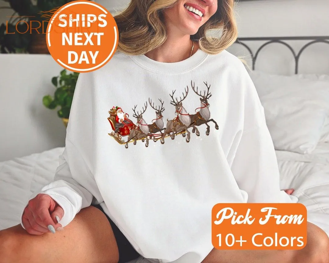 Santa Sleigh Reindeer Christmas Sweatshirt Sleigh Reindeer