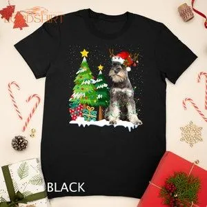 Schnauzer Dog Santa Hat Reindeer Christmas Lights T-shirt