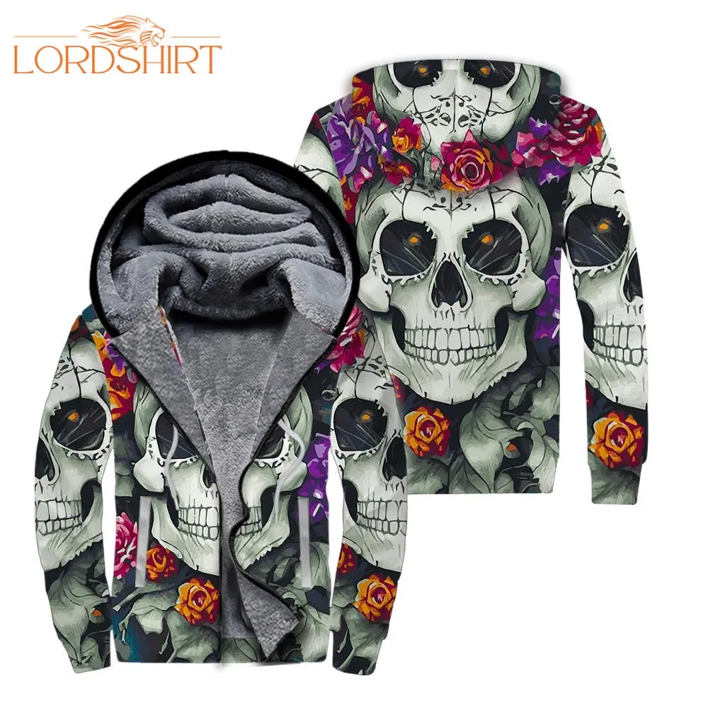 Skull With Roses Fleece Zip Hoodie All Over Print