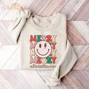 Smiley Face Merry Christmas Crewneck Sweatshirt Gift For