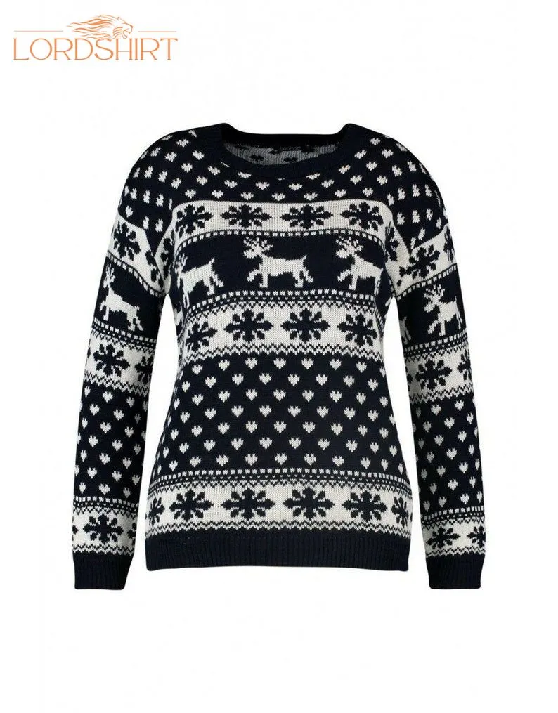 Snowflake And Reindeer Knitted Black Ugly Christmas Sweater