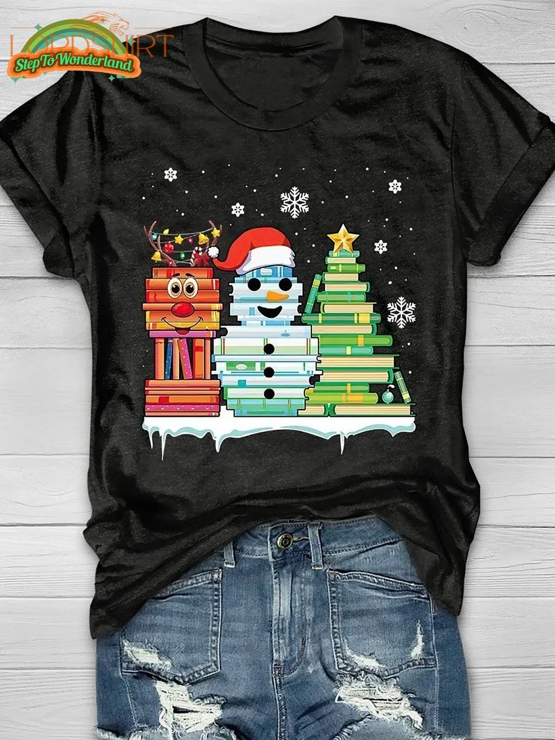 Snowman Book Christmas Tree Print Short Sleeve T-shirt Book