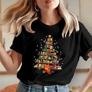 TSHIRT 5324 BOOK CHRISTMAS Tree T-shirt Merry Bookmas Books